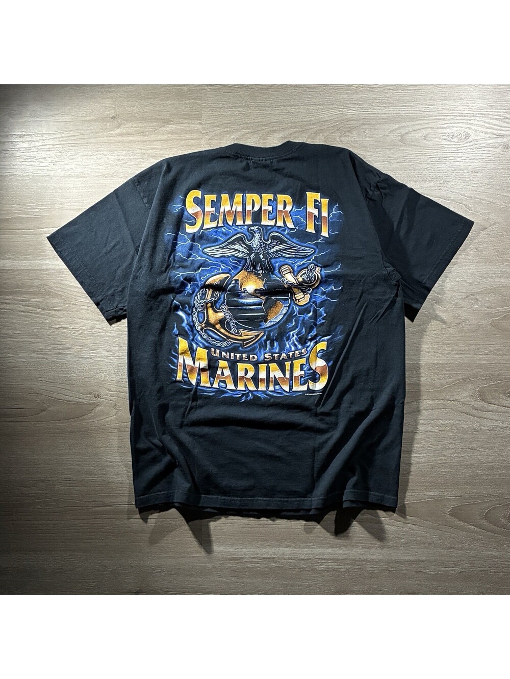 Vintage Y2K USMC Mens L Black Semper Fi Lightning Eagle Globe Anchor T Shirt